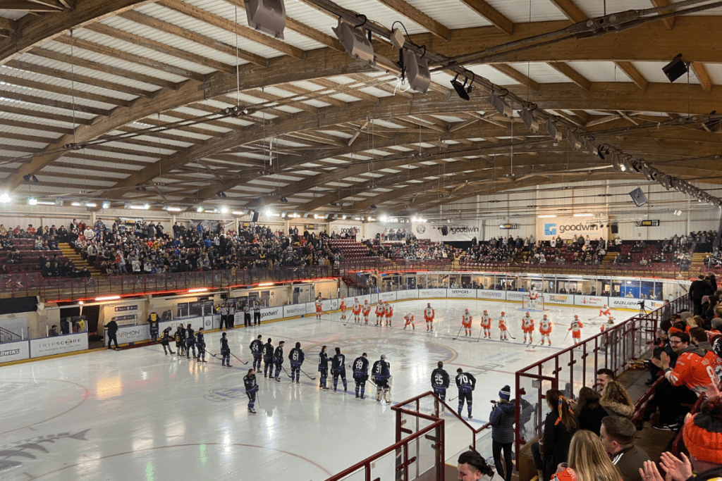 Manchester storm and sheffield steelers line up for the national anthem before a match at altrincham ice rink also known as planet ice altrincham