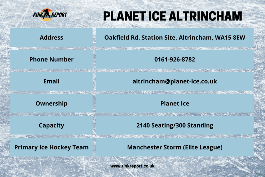 Essential information table for altrincham ice rink also known as planet ice altrincham includes address phone number email and capacity