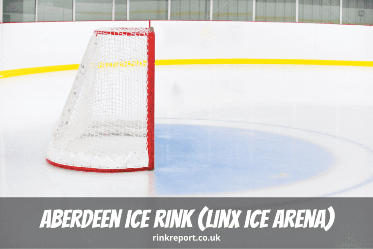 A photo of an ice hockey net on an empty ice rink as an example for aberdeen ice rink also known as the linx ice arena