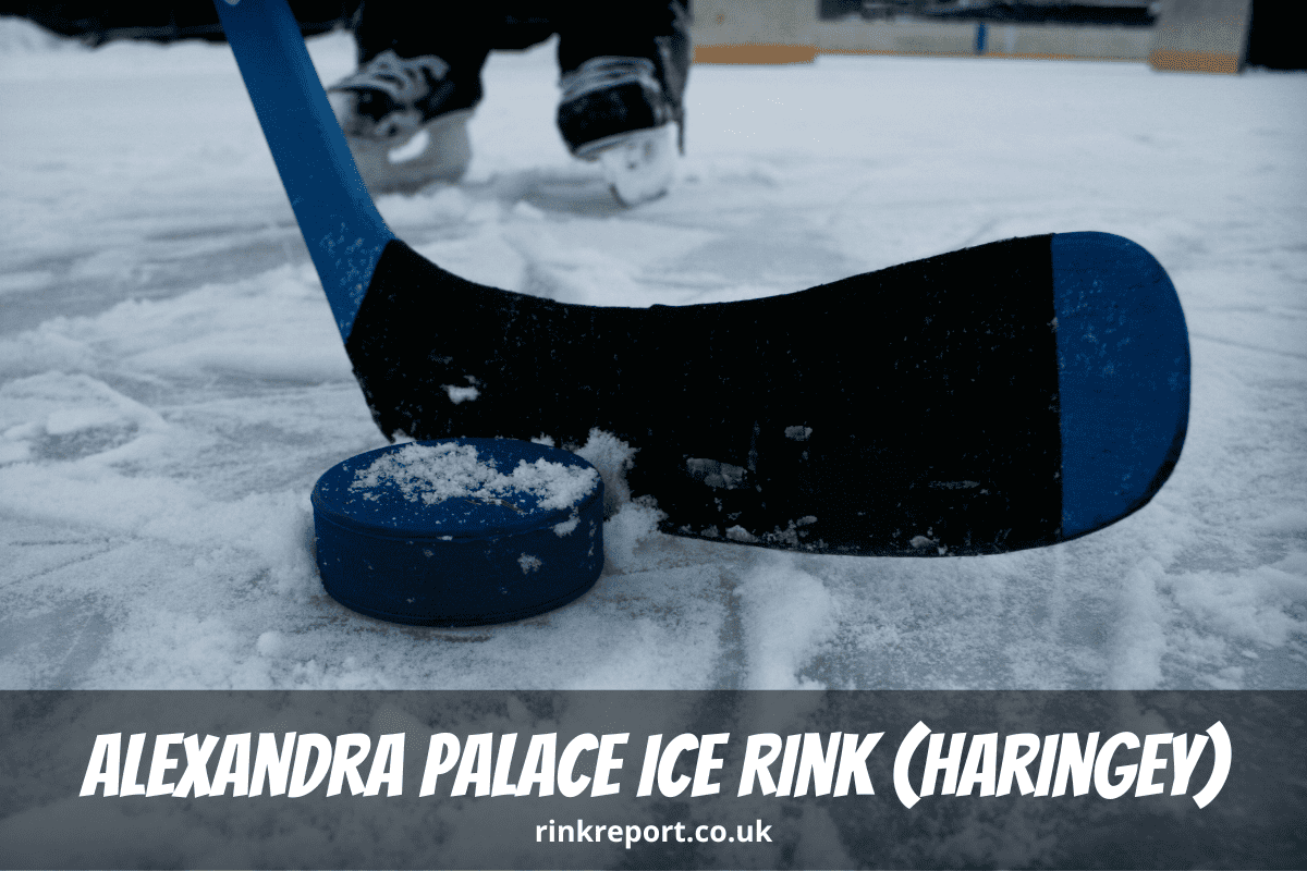 A photo of an ice hockey puck and stick on an ice rink as an example for alexandra palace ice rink