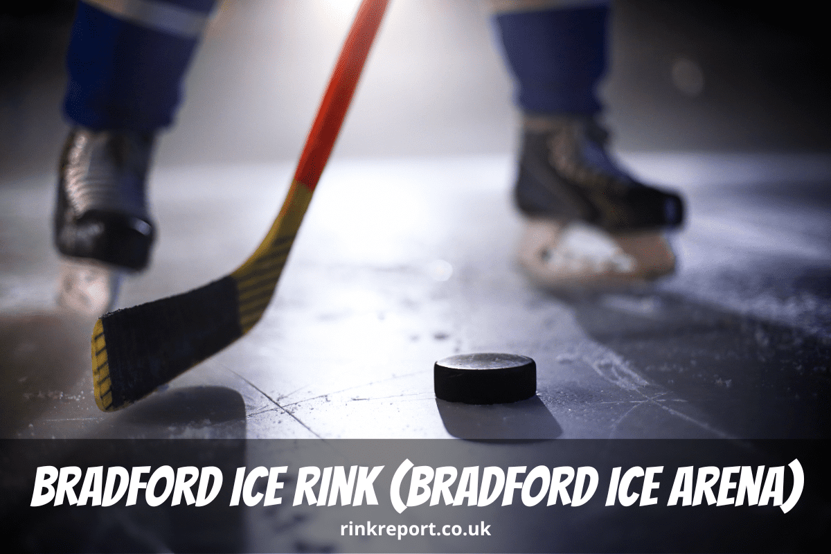 A picture showing an ice hockey players skates with a hockey stick and puck on an ice rink as an example for bradford ice rink also known as bradford ice arena