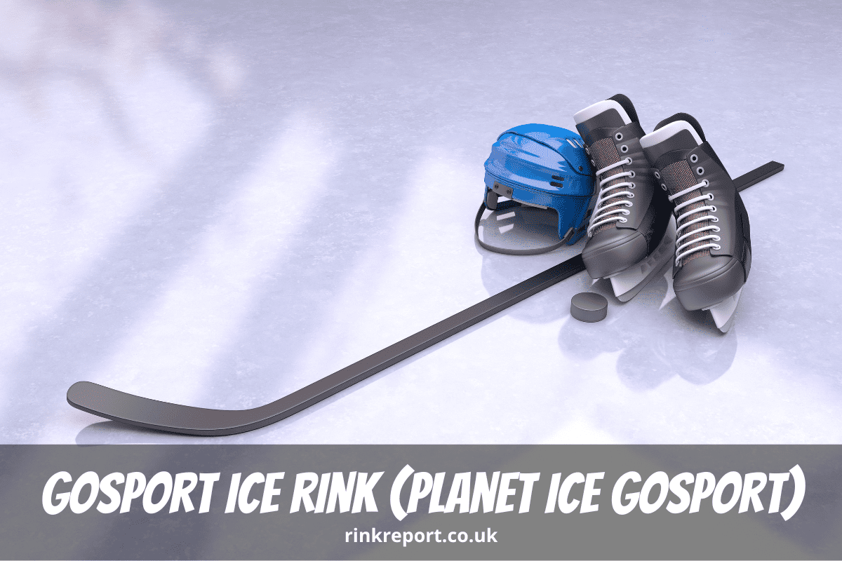 Planet ice gosport ice rink a hockey puck stick helmet and skates lie on an ice rink