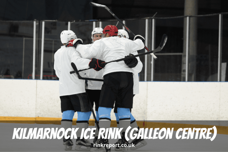 Four ice hockey players congratulate each other at an ice rink as an example for kilmarnock ice rink at the galleon leisure centre