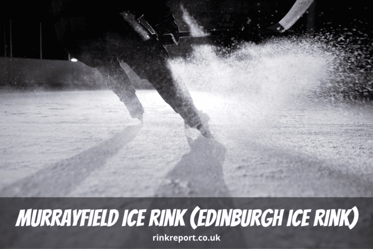 A photo of an ice hockey player spraying ice on an ice rink in the dark as an example for murrayfield ice rink in edinburgh