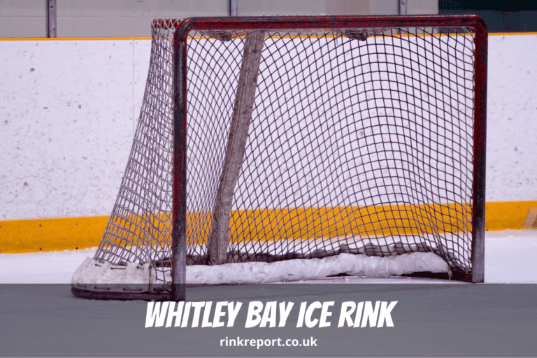 A picture of an ice hockey net on an ice rink as an example of an activity at whitley bay ice rink