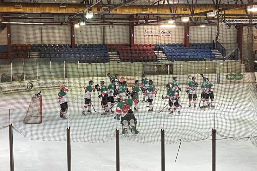 Basingstoke bison ice hockey team finish a match at planet ice basingstoke ice rink uk