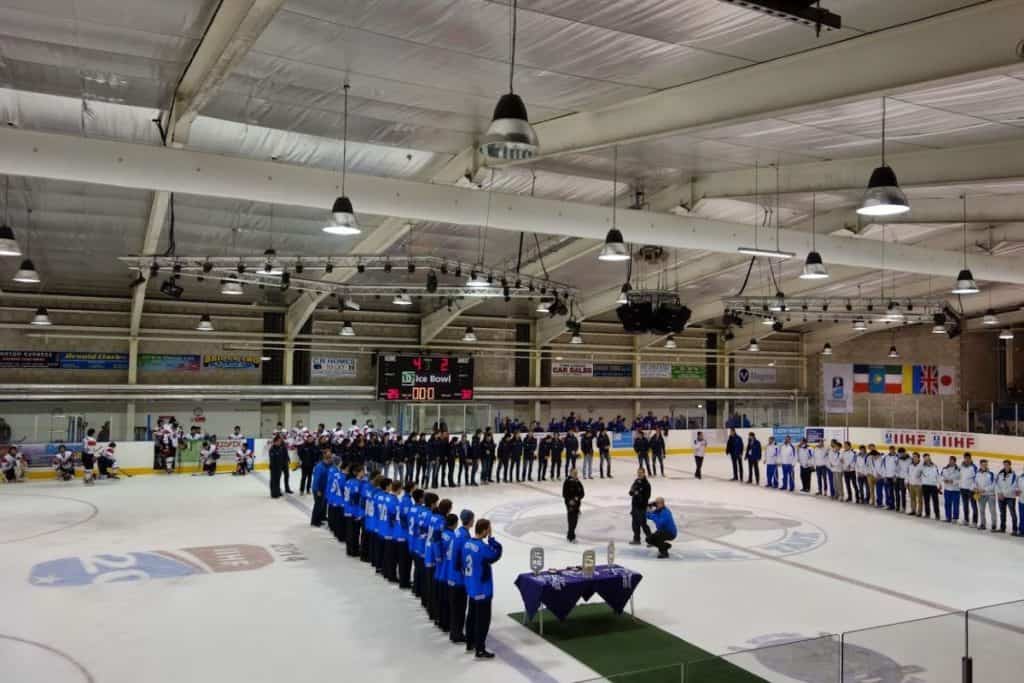 A ceremony at the mens u20 world ice hockey championship at dumfries ice rink also known at dumfries ice bowl