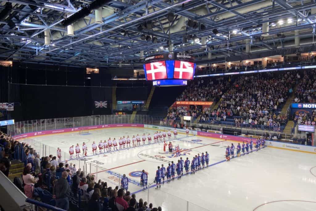 Team gb men's team lines up against denmark at nottingham ice rink also known as motorpoint arena before an international ice hockey game