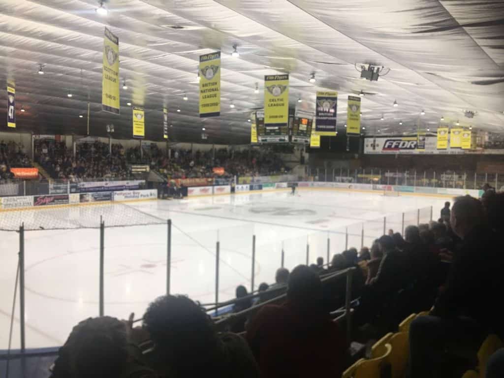 Kirkcaldy ice rink also know as fife arena scotland with a large crowd of spectators for fife flyers ice hockey game